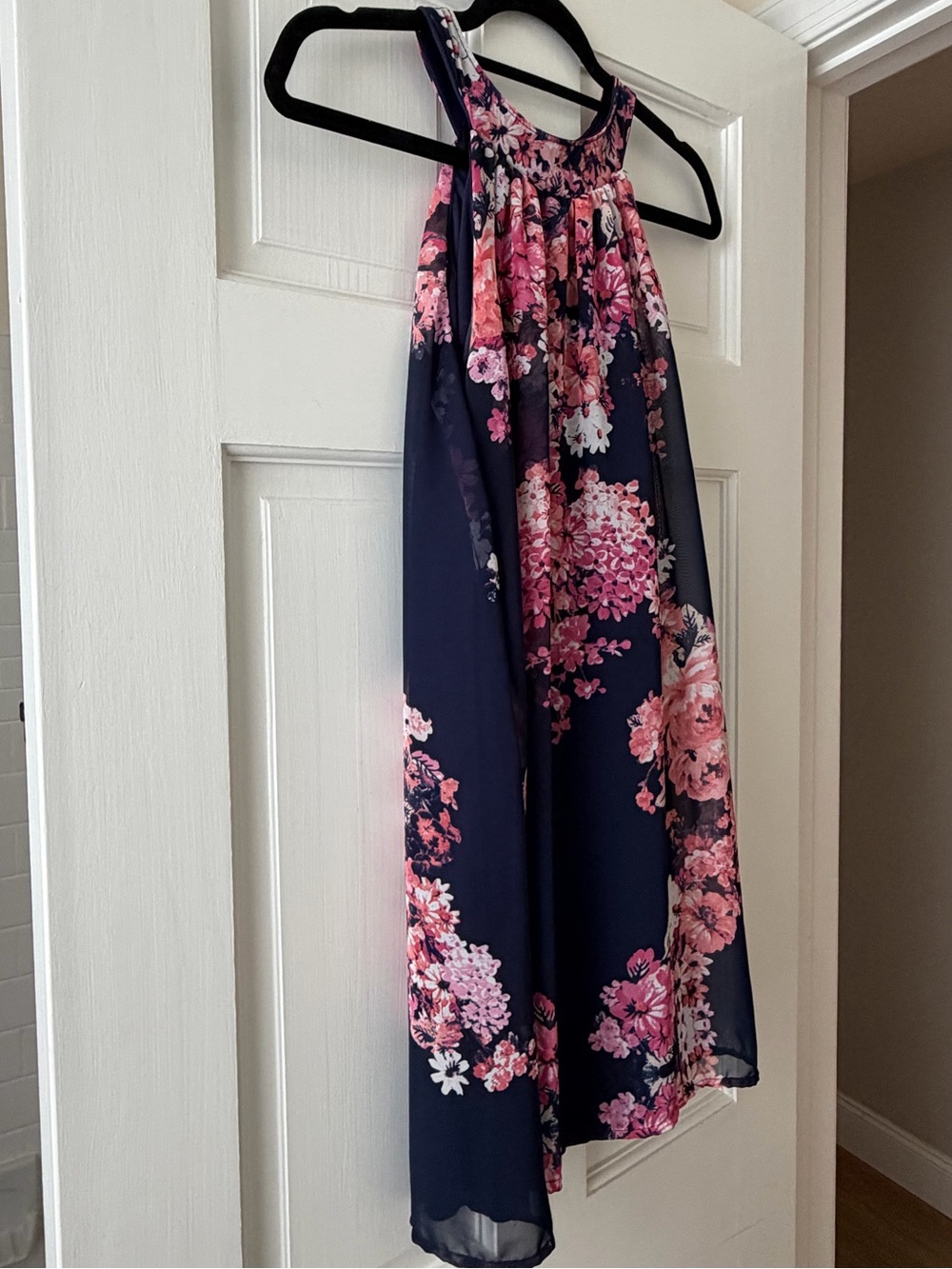 Crystal Doll Navy Halter Mini Dress with Pink Floral Print